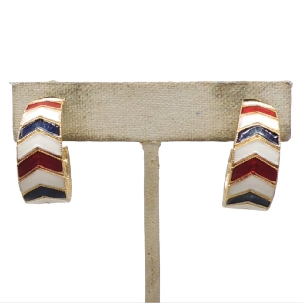 Vintage 1960s Unsigned Red White & Blue Chevron Enamel Hoop Clip Earrings